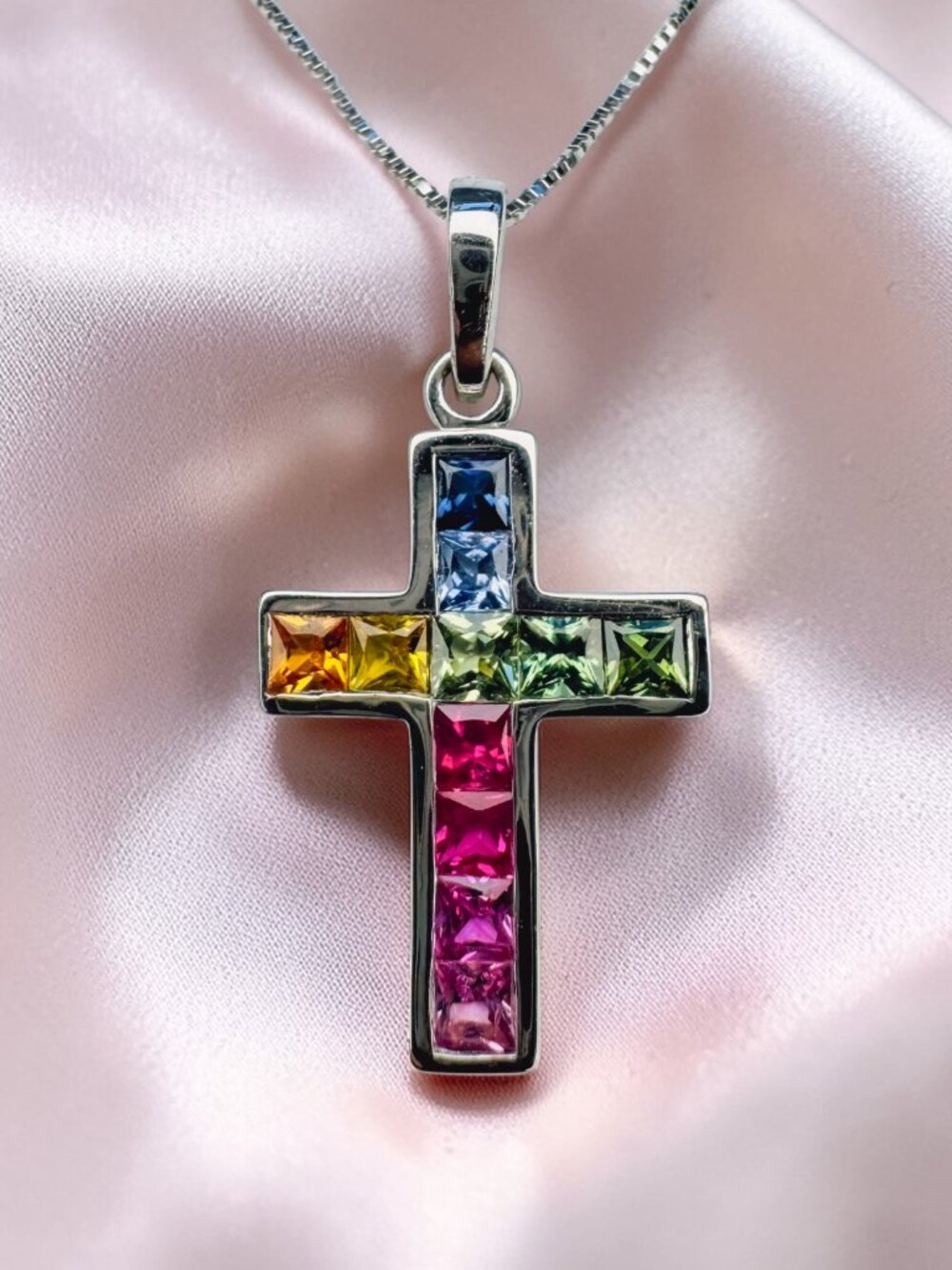 10K White Gold Rainbow Sapphire Cross Necklace 18” Multi Color Gemstone Pendant